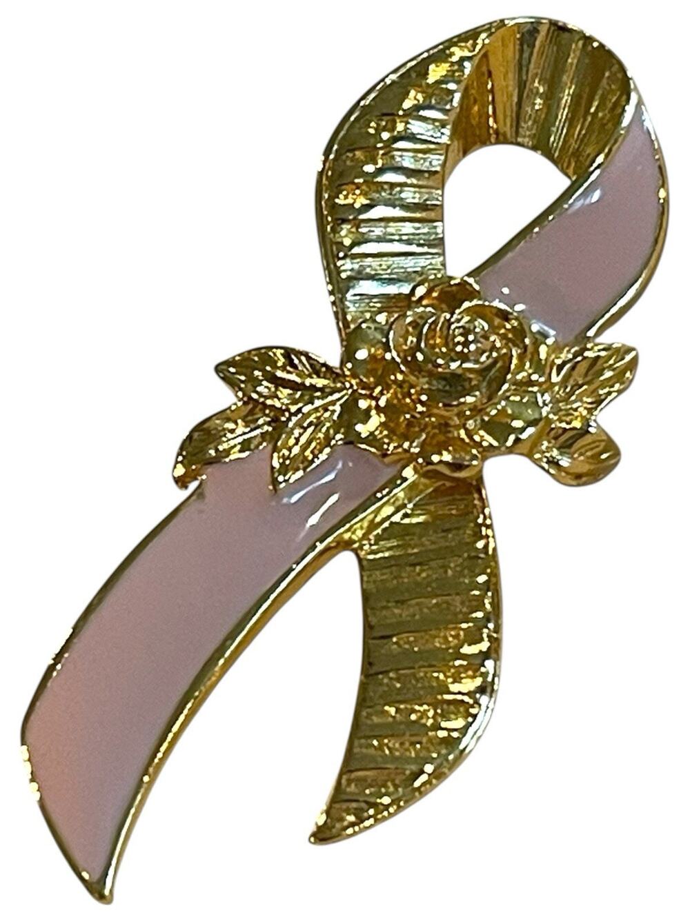 Brooch Pin 2" Avon Gold Tone Pink Enamel Ribbon w/ Rose Breast Cancer Awareness